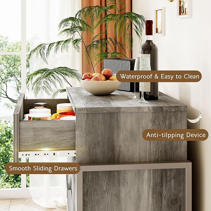 Fluted Dresser for Bedroom with 4 Drawers, 36.2" Tall Chest of Drawers with Raised H Legs and Curved Profile Design, Wood Closet Clothes Storage Organizer for Bedroom, Hallway, Grey