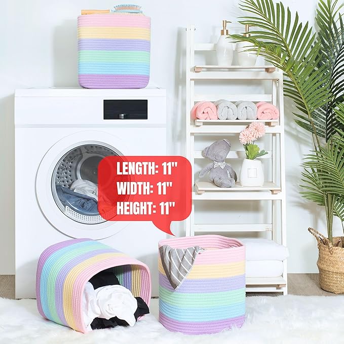 MINTWOOD Design 3-Pack 11x11in Woven Cube Storage Bin and Shelf Baskets, Cute Decorative Square Organizer for Closet, Classroom, Bathroom, Dog and Cat Toys, and Books, Pastel Rainbow