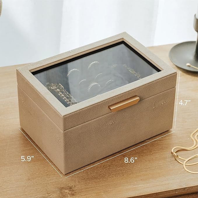 CASE ELEGANCE Petite 3 Tier Jewelry Box, Storage & Display Case for Bracelets Earrings Rings Necklaces, Accessory Organizer for Women Girls Wife, Shagreen Vegan Leather & Velvet Lined, Brass Hardware
