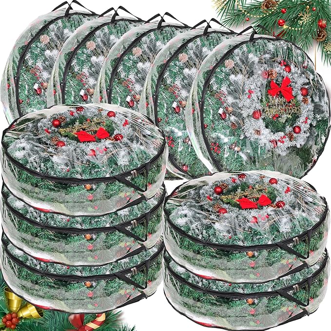 Shappy 10 Pcs 36 Inch Christmas Wreath Storage Container Clear Wreath Storage Bags PVC Waterproof Garland Bags with Clear Window Dual Zippers and Handles for Xmas Holiday Artificial Garland (Black)