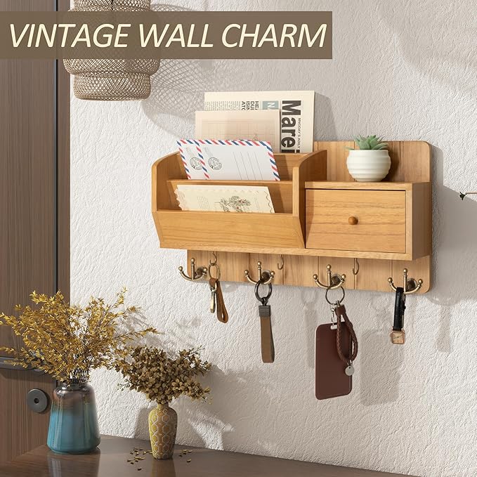 Rebee Vision Key Holder Wall Mount with Mail Organizer - Modern Farmhouse Key and Mail holder for Wall with Wall Hooks and Drawer - Apartment Essentials for Home Decor Aesthetic(Light Brown)