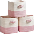 Storage Cube Baskets for Organizing 11 inch-3 Pack- Square Baskets for Cube Storage, Closet Storage Bins - Woven Cube Storage Bins for Shelves- Cube Drawer- Ideal for Toy Storage White & Pink