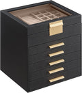 SONGMICS Jewelry Box Organizer with Glass Lid, 6-Layer Jewelry Storage, with 5 Drawers, Modern Style, 8 x 9.1 x 9 Inches, Graphite Black and Gold Color UJBC176B01