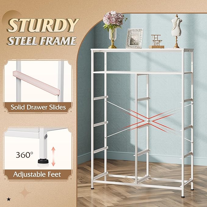 WLIVE Fabric Dresser for Bedroom with Open Shelves, Tall White Dressers with 8 Drawers, Storage Tower with Fabric Bins, Chest of Drawers for Closet, Hallway