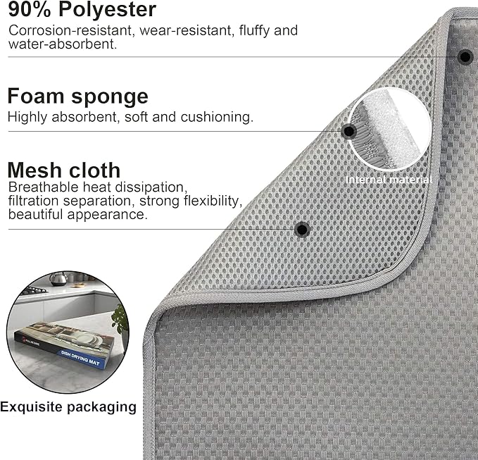 FULL BE DARE 2 Pack Dish Drying Mat, Dish Drying Mats for Kitchen Counter, Microfiber Dish Dryer Mat, Large 20" x 15" Drainer Mats, Highly Absorbent, Machine Washable (Gray)