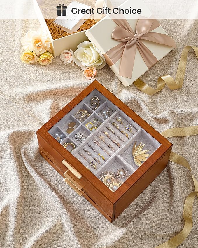 Lolalet Jewelry Box, Clear Window Wood Grain Jewelry Storage for Earrings Bracelets Necklaces Rings, High Capacity Organizer for Women -Cherrywood, 3 Layers