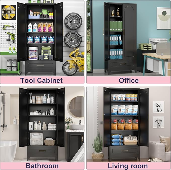 Pantry Kitchen Cabinet with Drawer, 75" Tall Pantry Storage Cabinet, Metal Storage Cabinets with Doors and Shelves, Large Freestanding Cupboard for Living Room, Assembly Required, Black
