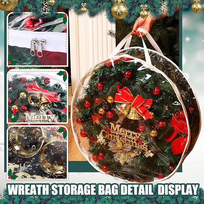 Zhengmy 3 Pcs 24 Inch Christmas Wreath Storage Bags transparent Wreath Storage Container Bulk Wreaths Box with Dual Zippers and Handles for Xmas Holiday Wreaths Garland