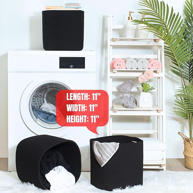 MINTWOOD Design 3-Pack 11x11 Inch Cube Storage Bin, Woven Organizer, Closet Cute Square Bins, Decorative Classroom Bathroom Pantry and Shelf Baskets, Full Black (MD-196)
