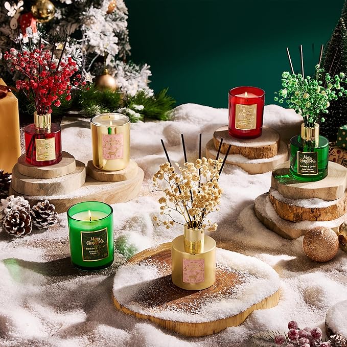 Airkeep Christmas Reed Diffuser Set,3.38 fl oz (100 ml) Reed Diffuser - Balsam&Cedar Oil Diffusers with 8 Reed Sticks, Home Fragrance Reed Diffuser for Bathroom Shelf Decor