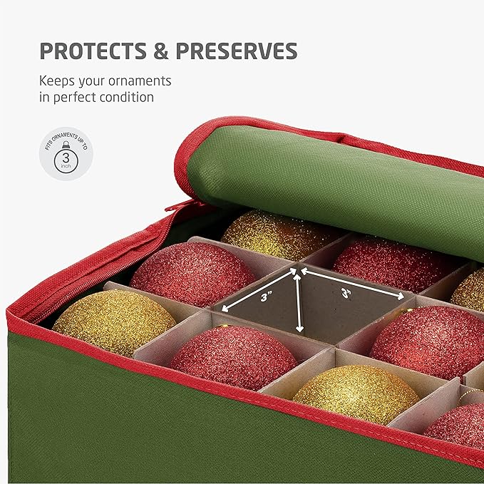ZOBER Large Christmas Ornament Storage Box - Stores 128 3" Ornaments, With Dividers - Ornament Organizer Storage Box, Durable Christmas Containers Holder - Extra Pockets, Dual Zipper - Green