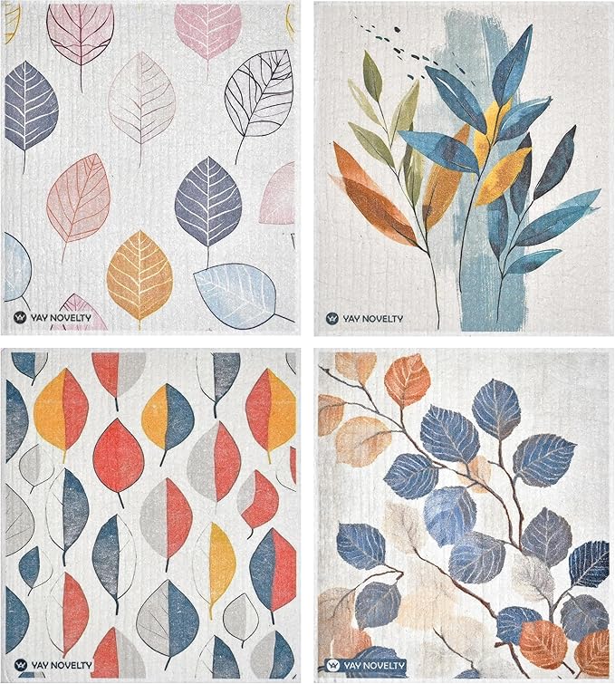 YAY NOVELTY Swedish Dishcloths - 12 Pack | Made in Germany | Ultra-Absorbent, Reusable Cellulose Sponge Cloths for Kitchen | No-Odor, Eco-Friendly Cleaning Wipes | Water-Based Ink | Leaves