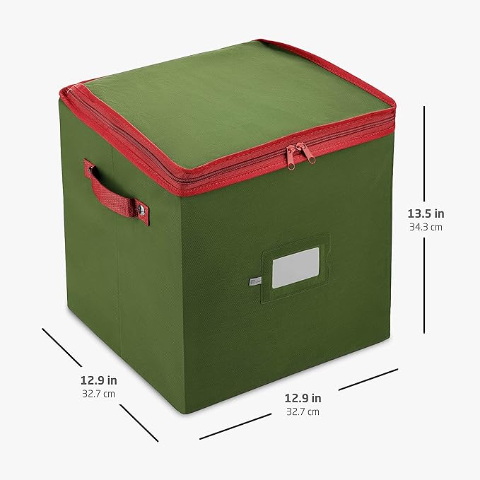 ZOBER Christmas Ornament Storage Box - Stores 64 3" Ornaments, With Dividers - Ornament Organizer Storage Box, Durable Christmas Containers Holder, Dual Zipper - Green