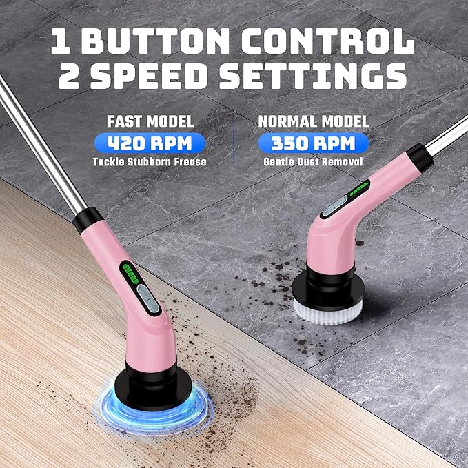 VigorDay Electric Spin Scrubber - Cordless Bathroom Scrubber with 7 Brush Heads - Dual Speed IPX7 Waterproof Power Scrubber for Heavy-Duty Bathtub, Glass, Tile, and Car Cleaning (Pink)