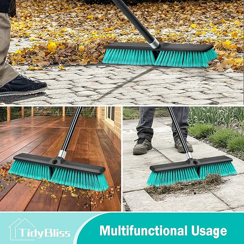 18” Push Broom Outdoor Heavy Duty 3 Pack, Large Commercial Stiff Bristle Brush with 63 inches Long Handle for Garage Shop Garden Yard Patio Deck Street Warehouse Lawn Driveway (Green)