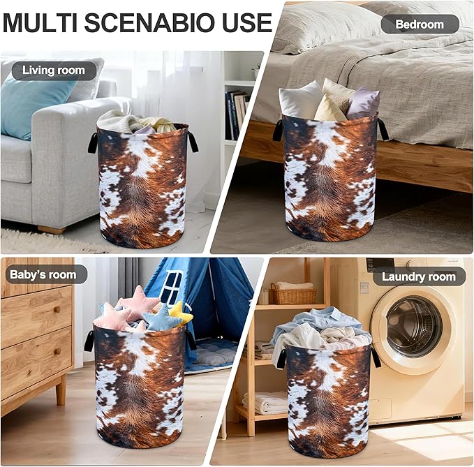 Cow Fur Laundry Basket Storage Bin Foldable Laundry Hamper Clothes Storage Bucket Organizer 19.6x15.7 Inch For Laundry Room/Bedroom/Bathroom