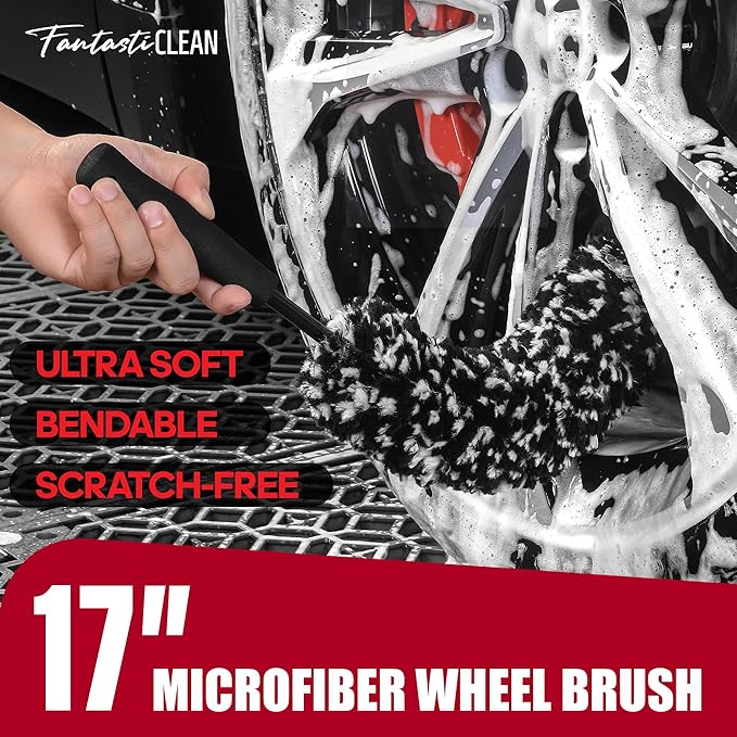 Fantasticlean 7PCS Car Wheel Brush Kit, Tire Brush, Soft-bristled Rim Brush, Chenille Rim Cleaning Tape, Microfiber Bendable Brush, Curved Detailing Brush with Elbow Connector, Detailing Pads