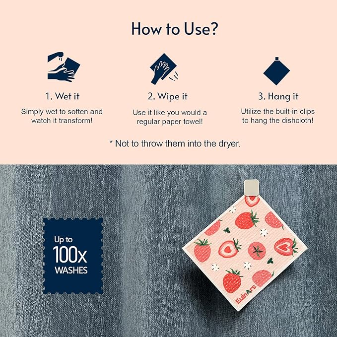 Eulnars Swedish Dishcloths for Kitchen, 8 Pack Reusable Paper Towels with Clips, Non-Scratch Swedish Dish Towels, Super Absorbent Cellulose Sponge Cloths, Eco Friendly Gifts