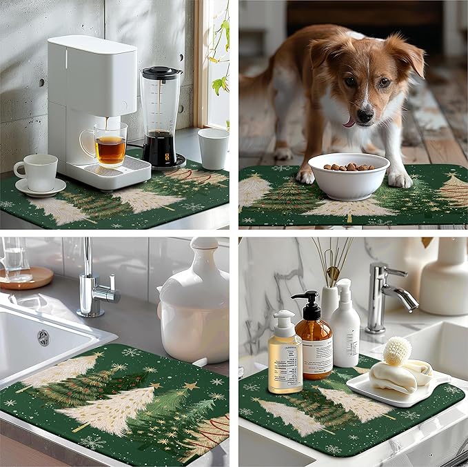 Wnoesat Green Christmas Tree Snowflakes Dish Drying Mat for Kitchen Counter 18x24 Inch Winter Xmas Holiday Dish Rack Mat Absorbent Microfiber Dish Draining Mat Reversible Drainer Pad