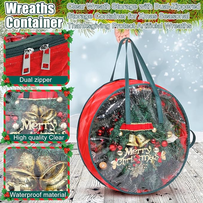 Shappy 4 Pcs 24 x 7 Inch Wreath Storage Containers, Christmas Ornament Garland Wreath Storage Bags with Handle Dual Zipper Large Decorative Storages Box for Holiday Decor