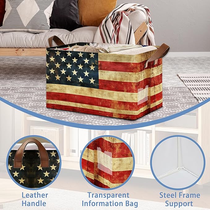 Vintage Flag Storage Baskets,Foldable Large Capacity Organizer Bins with Waterproof Lining and Leather Handles for Closet,Shelf,Bedroom 17x11.5x10Inch