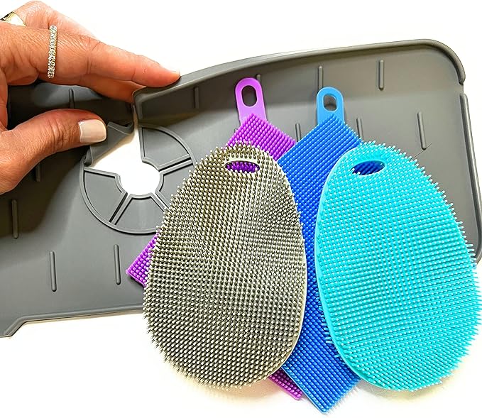 Asiopphire Faucet Mat for Sink - Silicone Scrubber Dish Set, Splash Guard, Food Grade BPA Free Kitchen Scrubber