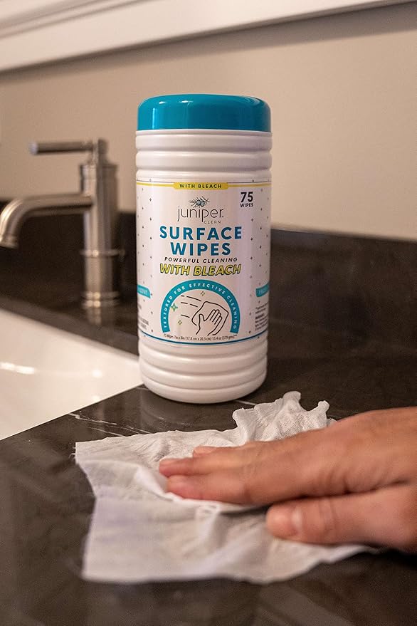 Juniper CLEAN 1 Pack Surface Cleaning Wipes with Bleach, All-Purpose Cleaner for Bathroom, Kitchen, Office, 75 Count Canister, 7.5" x 7" Sheet, Fresh Scent, Lint Free & Durable