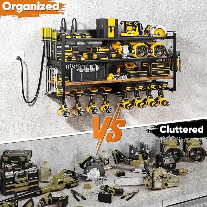 POKIPO Large Power Tool Organizer with 8 Outlet Charging Station, Loads 600lbs, 4 Layer Heavy Duty Utility Rack Holds 8 Cordless Drills, Wall Mount Tool Battery Garage Storage Shelf, Gift for Men