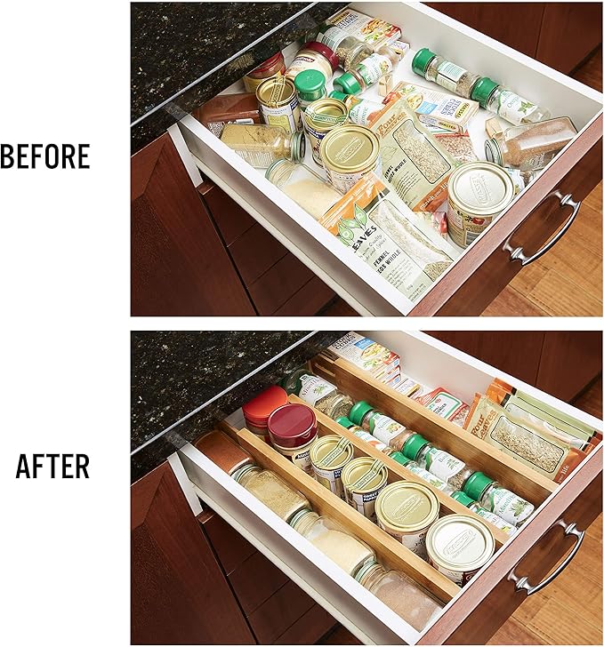 Thomas Grace Homewares Bamboo Kitchen Drawer Organizer Divider Stackable for Deep Drawers. (Set-of- 4) Spring Loaded Dividers that are Expandable & Adjustable. Kitchen Organizer.