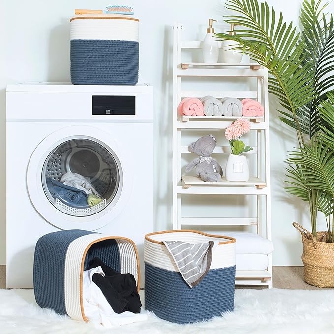 MINTWOOD Design 3-Pack 11x11 Inch Cube Storage Bin, Woven Storage Cube Organizer, Closet Organizer, Cute Square Storage Bins, Decorative Classroom Bathroom Pantry and Shelf Baskets, Prussian Blue