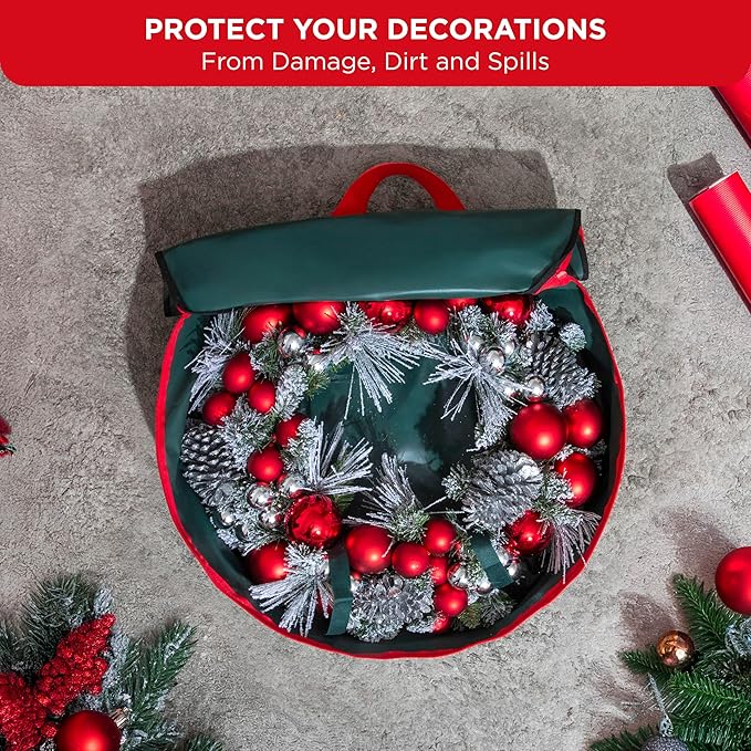 HOLDN’ STORAGE Premium Wreath Storage Bag - Durable Material - Waterproof - Heavy-duty Christmas Storage Container for Xmas Wreath with Dual Zipper Closure, Tear-proof, 24"W x 7"D - Green