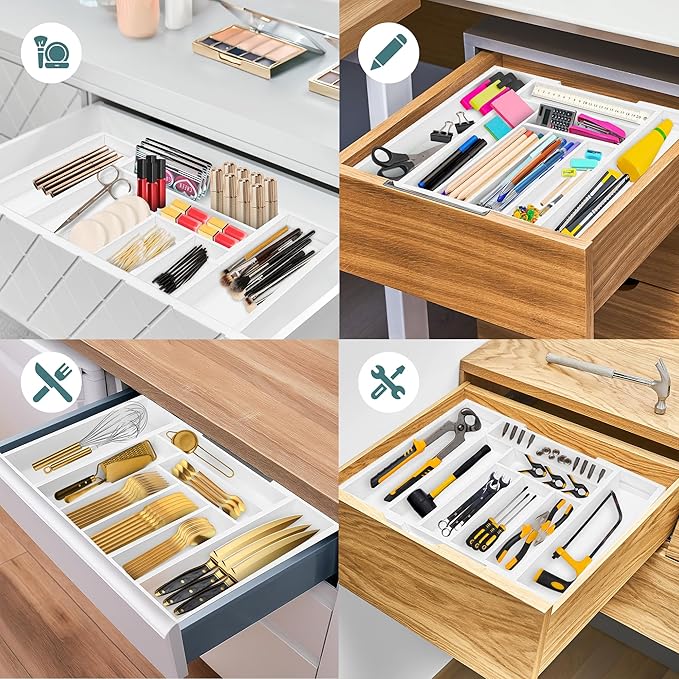 Sben Expandable Drawer Organizer for Utensils Holder, Adjustable Cutlery Tray, 6-8 Slots, Premium Wood Drawer Dividers Organizer for Silverware, Flatware, Knives for Kitchen (White)