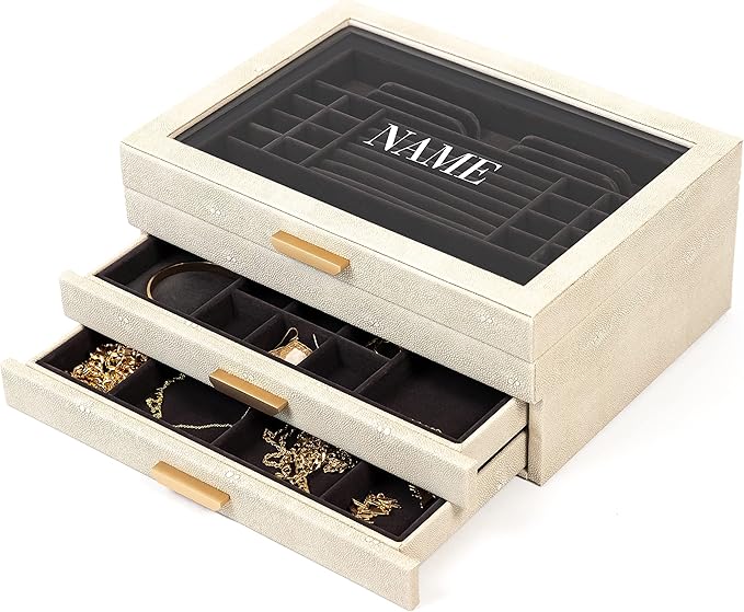 CASE ELEGANCE Monogrammed Large 3 Tier Jewelry Box, Storage Case Organizer for Women, Glass Lid for Earrings Bracelets Rings Necklaces, Shagreen Vegan Leather, Velvet Lined Jewelry Box, Brass Hardware