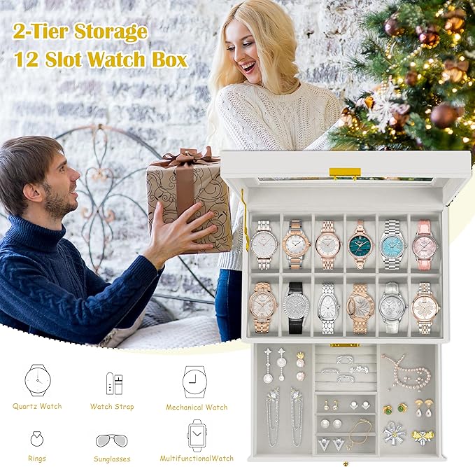 Ogrmar 12 Slot PU Leather Lockable Watch Storage Boxes, Men & Women Jewelry Display Drawer Case, 2-tier Organizer Watch Showcase with Glass Lid (White)