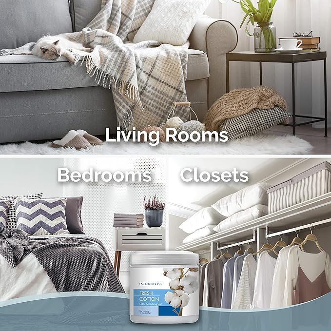 SMELLS BEGONE 15oz Gel Odor Eliminator - Absorb & Remove Tough Odors in Pet Areas, Bathrooms, Basements, Garage, Cars, RVs & Boats - Eliminate Odors Quickly (1-Pack, Fresh Cotton)