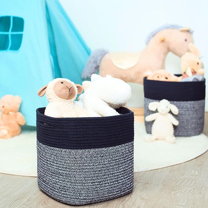 MINTWOOD Design 3-Pack 11x11in Woven Cube Storage Bin and Shelf Baskets, Cute Decorative Square Organizer for Closet, Classroom, Bathroom, Dog and Cat Toys, and Books, Navy Blue