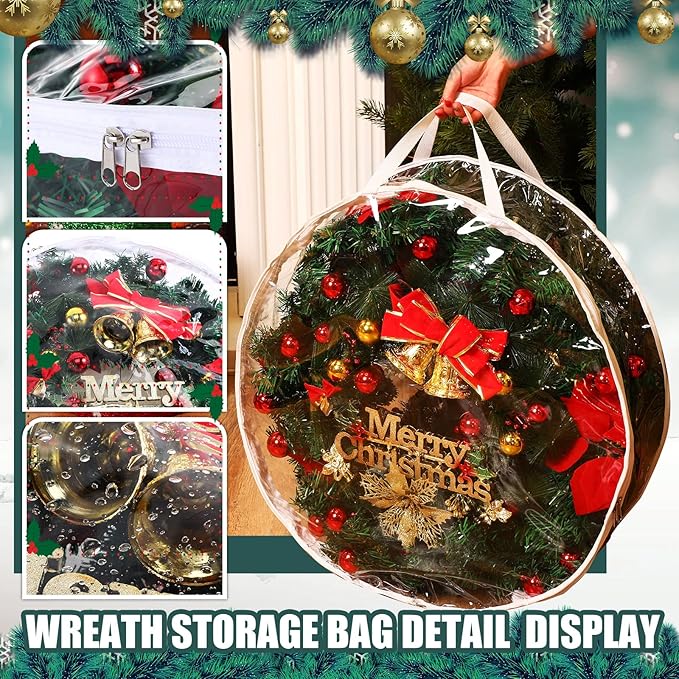 Shappy 2 Pieces Christmas Wreath Storage Container 30 Inch Wreath Plastic Storage Bags with Dual Zippers and Handles for Xmas Thanksgiving Holiday Artificial (Clear)