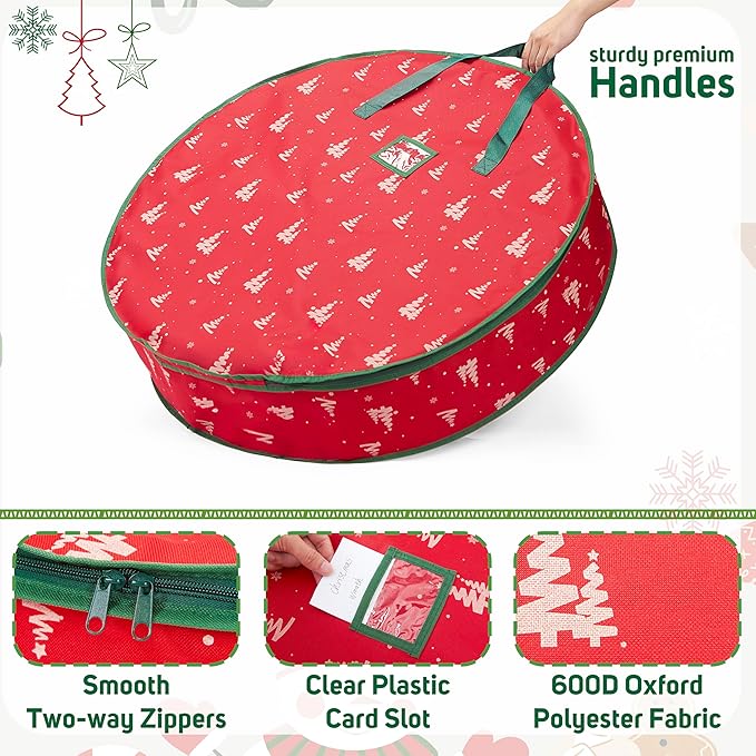 ELONG HOME 36 Inch Wreath Storage Container, 1 Pack Deluxe Wreath Storage Bag with Dual Zippers, Easy Access Christmas Wreath Storage Bag with Carry Handles and Clear Label Pocket