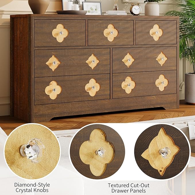 Garvee Dresser for Bedroom with 7 Decorative Front Drawers, 54'' Wide Chest of Drawers with Large Clothes Storage Cabinet, Wood Bedroom Dresser, TV Stand for Nursery, Living Room, Hallway, Brown