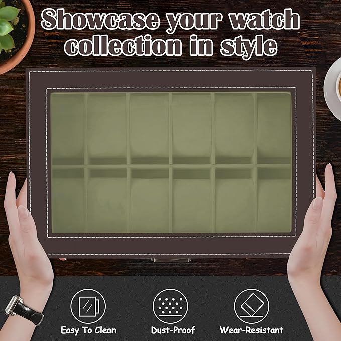 Ogrmar 12 Slot PU Leather Lockable Watch Storage Boxes, Men & Women Jewelry Display Drawer Case, 2-tier Organizer Watch Showcase with Glass Lid (Brown)