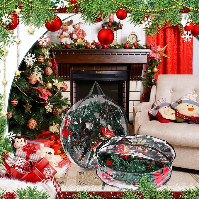 Shappy 10 Pieces Christmas Wreath Storage Container 30 Inch Wreath Plastic Storage Bags with Dual Zippers and Handles for Xmas Thanksgiving Holiday Artificial (Clear,Black)