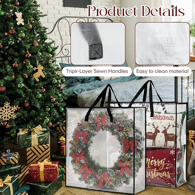 24 Pack Wreath Storage Bag Christmas Decoration Garland Container, 25.6 Inch Large Clear Door Wreath Organizers, Moving Boxes, Packing Supplies for College