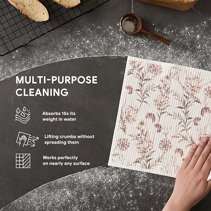 RECYCO Swedish Dishcloths for Kitchen | 4 Pack Oversized Washable Dish Rags | Large Cellulose Reusable Cleaning Paper Towels | Absorbent Counter Dish Cloth Sponge XL Kitchen Wipes, 12" L x 10" W