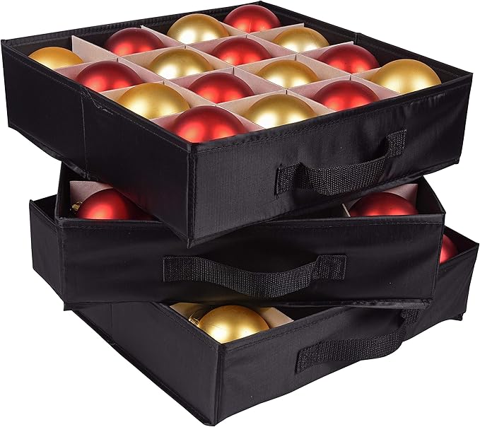 ProPik Christmas Ornament Storage Box, Organizer Holds Up to 48 Xmas Balls with 3 Separate Removable Trays, Container has Dividers to Organize Holiday Tree Ornaments (Black)