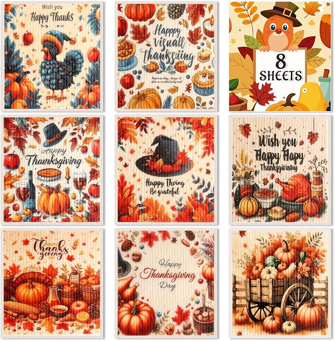 Lucomb 8 Pack Thanksgiving Swedish Dishcloths for Kitchen, Reusable Soft Kitchen Towels Dish Cloths Set Absorbent Sponge Cleaning Washable Quick Drying Bar Hand Washing