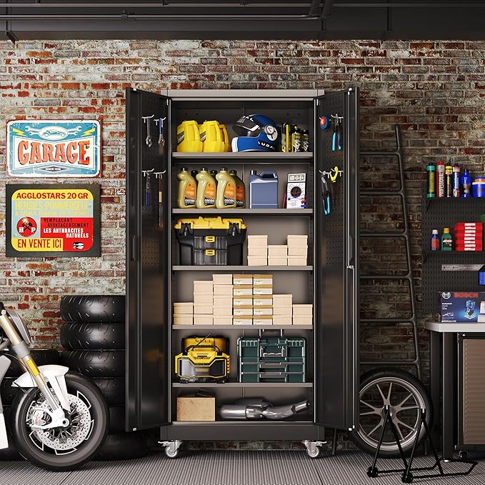 71" H Garage Storage Cabinet with Wheels and Pegboard,Lockable Metal Storage Cabinet with 5 Adjustable Shelves and Door for Garage, Office, Home, Assembly Required，Black