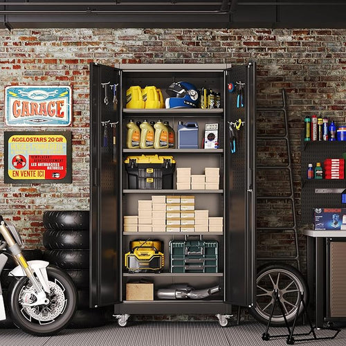 71" H Garage Storage Cabinet with Wheels and Pegboard,Lockable Metal Storage Cabinet with 5 Adjustable Shelves and Door for Garage, Office, Home, Assembly Required，Black
