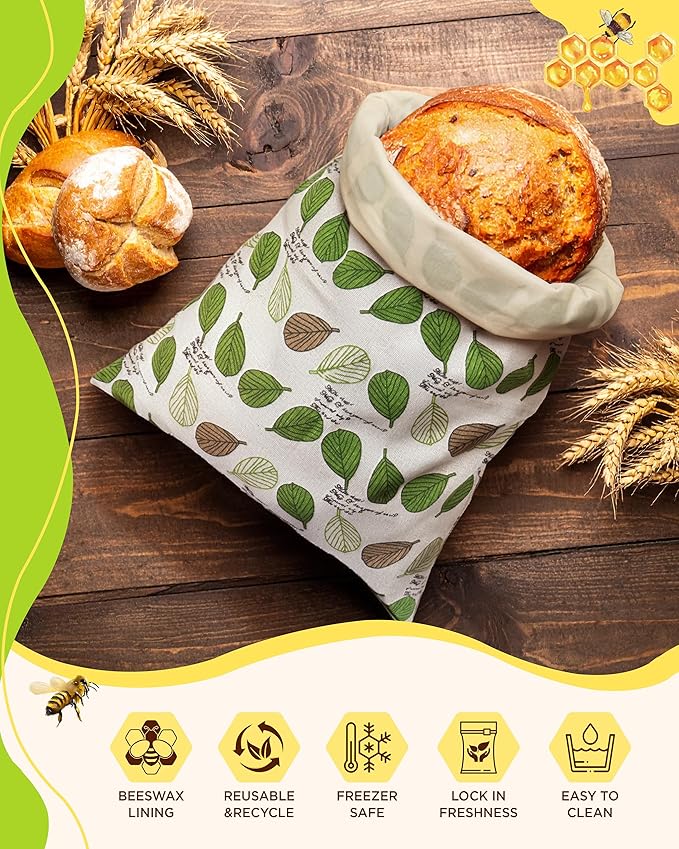 Beeswax Bread Bag for Homemade Sourdough, Sourdough Bread Bags with Zipper, 2 Pack Cotton Large Airtight Food Storage Bags to Keep Fresh | Breathable Material, Freezer Safe, Reusable, Extra-large