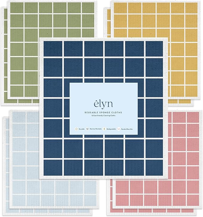 ELYN Swedish Dishcloths, Reusable & Washable Sponge Cloths, Absorbent Cleaning Paper Towels for Kitchen, Dishes, Counters and More, 10 Pack, Assorted Rainbow Color Window Pane Pattern