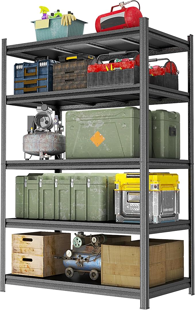 Garage Shelving Unit, Heavy Duty Metal Adjustable Storage, Steel Shelves, Industrial Shelves for Heavy Tools and Equipment, Ideal for Garage, Basement, Black (5-Tier, 72" H x 47.2" W x 23.6" D)